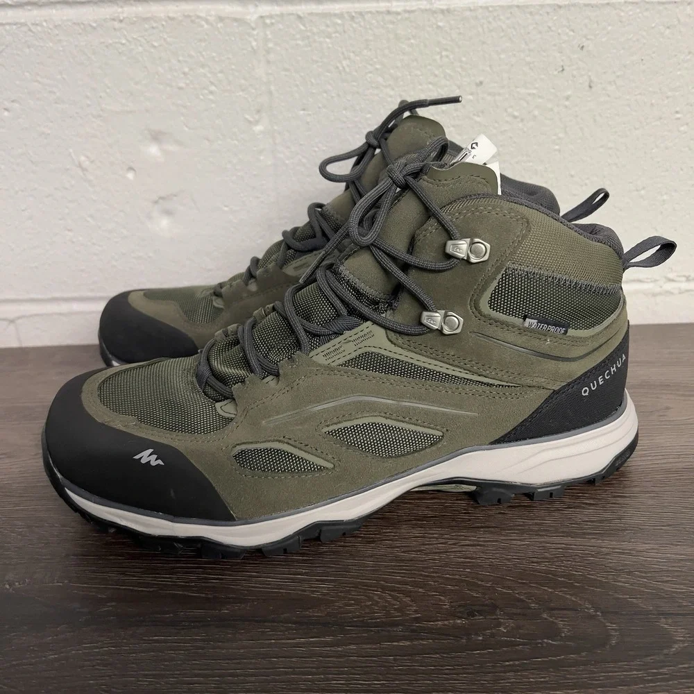 Quechua MH100 Mid Waterproof Hiking Boots Olive Green Men's Size 10.5 EU 44